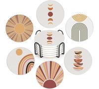Boho Minimalist Art Coasters Set of 6,Absorbent Ceramic Coasters with Cork Base,Round Coaster Mats for Cold Drinks & Mugs, Rustic Home Decor + Holder