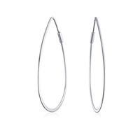 Boho Minimalist Geometric Flat Wire Pear Shaped Endless Lightweight Thin Oval Big Hoop Earrings For Women .925 Sterling Silver 1.75 Inch