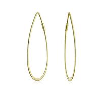 Boho Minimalist Geometric Flat Wire Pear Shaped Endless Lightweight Thin Oval Teardrop Big Hoop Earrings For Women Gold Plated .925 Sterling Silver 1.75 Inch