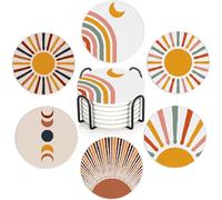 Boho Minimalist Sun Moon Drink Coasters with Holder,Ceramic Coasters for Tables, Cork Backed Drink Mats for Coffee/Wine,Kitchen & Office Accessories