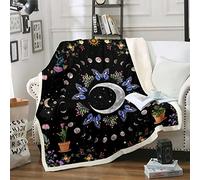 Boho Moon Sherpa Blanket Blue Butterfly Blanket for Girls Boys, Botanical Throw Blanket for Chair Throw Size Pink Orange Purple Flower Fleece Blanket, Galaxy Stars Plush Blanket Black Room Decor