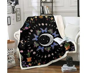 Boho Moon Sherpa Blanket Blue Butterfly Blanket for Girls Boys, Botanical Throw Blanket for Chair Throw Size Pink Orange Purple Flower Fleece Blanket, Galaxy Stars Plush Blanket Black Room Decor