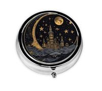 Boho Moon Sun Castle Round Pill Box with 3 Compartments, Mini Metal Pill Organizer for Purse or Pocket, Lightweight Portable for Daily Use Gifts Travel