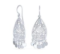 Boho Moroccan Fashion Bali Style Tear Shape Dangling Coins Statement Chandelier Earrings For Women Teen .925 Sterling Silver