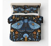 Boho Moth Duvet Cover Emperor Bedding Set, Blue Floral Moon Star Pattern, Reversible Design Bedroom Decor Bed Quilt Cover with 2 Pillowcases, Microfiber, Zip - SMK32117