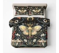 Boho Moth Duvet Cover Emperor Bedding Set, Floral Botanical Moon Star Pattern, Reversible Design Bedroom Decor Bed Quilt Cover with 2 Pillowcases, Microfiber, Zip - SMK32107
