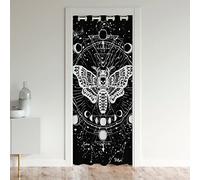 Boho Moth Privacy Door Curtain, Boys Gothic Skull Blackout Curtain for Closet, Bohemian Moon Starry Sky Doorway Curtain, Exotic Moth Skull Skeleton Bones Window Treatment, Black White 52"W X 80"L