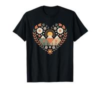 Boho Mountain Heart with Sun and Flowers Folk Art Nature T-Shirt