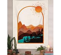 Boho Mountain Vertical Tapestry, Nature Forest Tree Lake Sun Tapestries, Bohemian Minimalist Mid Century Desert Tapestry Wall Hanging for Bedroom College Dorm Asthetic Home Decor, 60X80IN