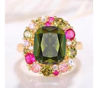 Boho Multi-Gemstone Cocktail Ring Multi-Color Gemstone Statement Ring for Women - 14K Gold Plated Large Peridot Center Cocktail Ring with Pink & Yellow Accents, Bohemian Party Jewelry Gift S