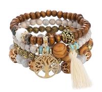 Boho Multi-Layer Beaded Bracelet Set - 4 Elastic Wooden & Tassel Bracelets featuring Tree of Life Design - Perfect Souvenir for Women
