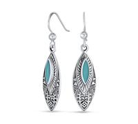 Boho Native American Style Blue Turquoise Marquise Shaped Gemstone Leaf Feather Dangle Earrings Western Jewelry For Women Teens Lever back Oxidized .925 Sterling Silver