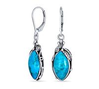 Boho Native American Style Stabilized Blue Turquoise Marquise Shaped Gemstone Leaf Feather Dangle Earrings Western Jewelry For Women Teens Lever back Oxidized .925 Sterling Silver