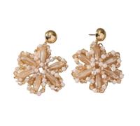 Boho Native Handmade Bead Flowers Earrings, Bohemian Large Statement Beaded Drop Dangle Earrings Beadwork Summer Tropical Beach Jewelry for Women Champagne