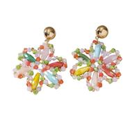 Boho Native Handmade Bead Flowers Earrings, Bohemian Large Statement Beaded Drop Dangle Earrings Beadwork Summer Tropical Beach Jewelry for Women Multicolor