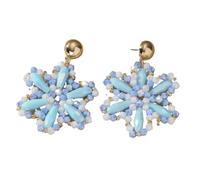 Boho Native Handmade Bead Flowers Earrings, Bohemian Large Statement Beaded Drop Dangle Earrings Beadwork Summer Tropical Beach Jewelry for Women Blue