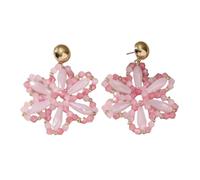 Boho Native Handmade Bead Flowers Earrings, Bohemian Large Statement Beaded Drop Dangle Earrings Beadwork Summer Tropical Beach Jewelry for Women Pink