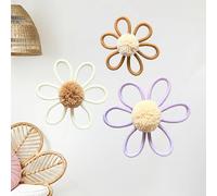 Boho Nursery Decor 3Pcs Handwoven Macrame Daisy Flower Wall Hanging-Boho Room Decor,Baby Girls Room Decor,Nursery Wall Hanging, Home Decor,Wall Decor Gifts (White-Brown-Purple)