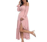 Boho Off Shoulder Maternity Dresses, Long Sleeve Side Split Flowy A Line Tiered Maxi Dress for Baby Shower Photoshoot, Dusty Pink, M