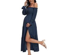 Boho Off Shoulder Maternity Dresses, Long Sleeve Side Split Flowy A Line Tiered Maxi Dress for Baby Shower Photoshoot, Royal Blue, XL