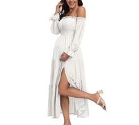 Boho Off Shoulder Maternity Dresses, Long Sleeve Side Split Flowy A Line Tiered Maxi Dress for Baby Shower Photoshoot, White, L