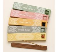 Boho Organics Incense Stick Gift Set - 5 Fragrances with JRose Ceramic Incense Holder - Tree of Life, Seven Chakras, Palo Santo, White Sage, Patchouli - Masala Sticks with Crystal Stones