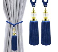 Boho Outdoor Curtain Drapery Holdback - Large Crystal Tassel Tiebacks for Sheer Curtains - Dark Blue 2 Pack