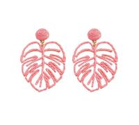 Boho Palm Leaf Raffia Earrings - Pink Handmade Tropical Straw Drop Dangle Earrings for Women , Lightweight Summer Beach Jewelry - Bohemian Statement Earrings , Unique Vacation Gift Idea