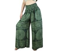 Boho Pants Palazzo Pants for Women with Pockets| Wide Leg high Waisted Flowy Pants for Women | Summer, Cruise, Vacation, Mandala Green, M