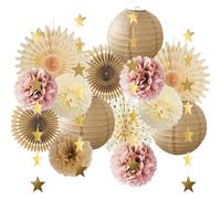 Boho Party Decorations Dusty Pink and Cream Beige and Pink Decor Dusty Rose Brown Party Decorations Champagne Paper Lanterns Paper Pom Poms Kit for Boho Baby Shower Wedding Engagement Birthday