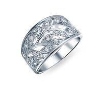 Boho Pave Cubic Zirconia Open Filigree Wide Leaves Leaf Band Ring For Women .925 Sterling Silver 7 MM