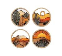 Boho Pictures Wall Decor,Modern Boho Wall Decor - 4X Round Frames 7.87x7.87inch Geometric Rustic Aesthetic Wooden Art For Farmhouse Entryway Fireplace Windowsill Porch Patio Gallery Bookshelf