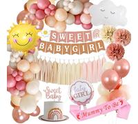 Boho Pink Baby Shower Decorations - Neutral Balloons Set, Mummy to Be Sash, Sweet Baby Girl Banner, Cake Topper, Rainbow Balloons for Gender Reveal