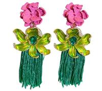 Boho Pink Green Flower Tassel Earrings for Women, Rhinestone Statement Earrings, Lightweight Secure, Ideal for Mother's Day Spring Brunch Wedding, Gift for Her