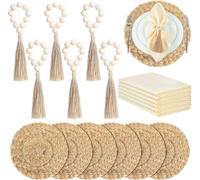 Boho Placemats Set of 6, Includes Woven Round Placemats, Wood Bead Napkin Rings and Cloth Napkins, Natural Seagrass Rattan Table Mat for Farmhouse Style Dining Table Decor