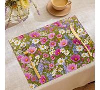 Boho Placemats Set of 6ps pink vibrant wildflowers lush flower fields Printed Place Mats for Table Large Cotton Linen Heat Resistant Tablemats for Home Kitchen Restaurant Hotel (45x30CM)