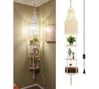 Boho Plug in Pendant Light,Hanging Light with Plug in Cord,Hanging Macrame Shade,Dimmable,3 Tier Hanging Plant Shelf Shelves Bohemian Decor for Bedroom Living Room Corner