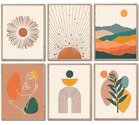 Boho Prints, Boho Wall Art, Orange Wall Decor, Mid Century Modern Wall Pictures Palm Leaf Sun Mountain Women Face Line Canvas Wall Painting, Minimalist Geometric Boho Wall Decor, Boho Posters for