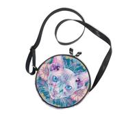 Boho Purple Mysterious Cat Round Side Bag Crossbody for Ladies Fashion with Adjustable Strap Over The Shoulder Purse Take a walk Canvas Messenger Purse
