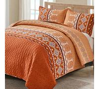 Boho Quilt Set Queen Size 3 PCS Burnt Orange Quilt Bedspread,Lightweight Geometry Printed Coverlet Set with 2 Pillowcase,Soft Bohemian Bedding Set Queen 90"×96"