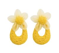 Boho Raffia Earrings for Women- Statement Woven Rattan Floral Dangle Earrings with Sheer Flower Accents for Summer Beach, Rattan, No Gemstone