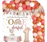 Boho Rainbow 1st Birthday Decorations for Girl, Isn't She Lovely Isn't She Onederful Backdrop Cake Topper Apricot Pink Balloon Garland Arch Kit High Chair Banner Photo Banner Number 1 Foil Balloon