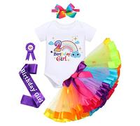 Boho Rainbow Baby Girl 2nd Birthday Outfit Second Two Years Old Party Cake Smash Set Cloud Printed Romper Tutu Skirt Bowknot Headband Badge Sash 5pcs Christmas Carnival Costume Rainbow Cloud 2 Years