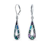 Boho Rainbow Iridescent Abalone Shell Inlay Oval Shaped Long Open Teardrop Dangle Earrings For Women .925 Sterling Silver Lever Back