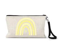 Boho Rainbow Make Up Bag in Yellow, Dotted Rainbow and Heart on Linen, 24 x 15 cm Cosmetic Wristlet with Removable Wrist Strap, Printed in the UK