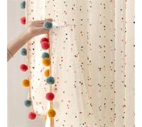 Boho Rainbow Sheer Curtain with Colorful Pom Pom Voile Drapes Light Filtering Faux Linen Stripe Pompom Rod Pocket Window Drapes for Boys/Girls Bedroom/Nursery 2 Panels (W78 X L102 Inch-2PCS,White)