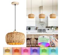 Boho Rattan E27 Pendant Light with Battery Indoor Vintage Bamboo Pendant Light Dimmable with Remote Control Pendant Lamp with RGB Rechargeable Bulbs for Dining Room, No Wiring Required