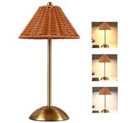 Boho Rattan Table Lamp, Cordless Wicker Lamp Rechargeable Bamboo Desk Lamp 3 Color Dimmable Touch Control Night Light for Bedroom, Living Room, Outdoor Decor (Brown)