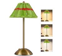 Boho Rattan Table Lamp, Cordless Wicker Lamp Rechargeable Bamboo Desk Lamp 3 Color Dimmable Touch Control Night Light for Bedroom, Living Room, Outdoor Decor (Green)