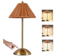 Boho Rattan Table Lamp, Wicker Desk Lamp Rechargeable Cordless Battery Lamp with 3-Color Dimmable Light & Touch Control Portable Bamboo Night Light for Bedroom, Living Room, Nursery (Brown)